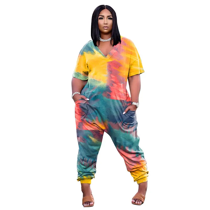 Women's Tie Dye One Piece Rompers Lounge Pants Short Sleeve V-Neck Jumpsuit Loose with Pockets 4 Colour Select