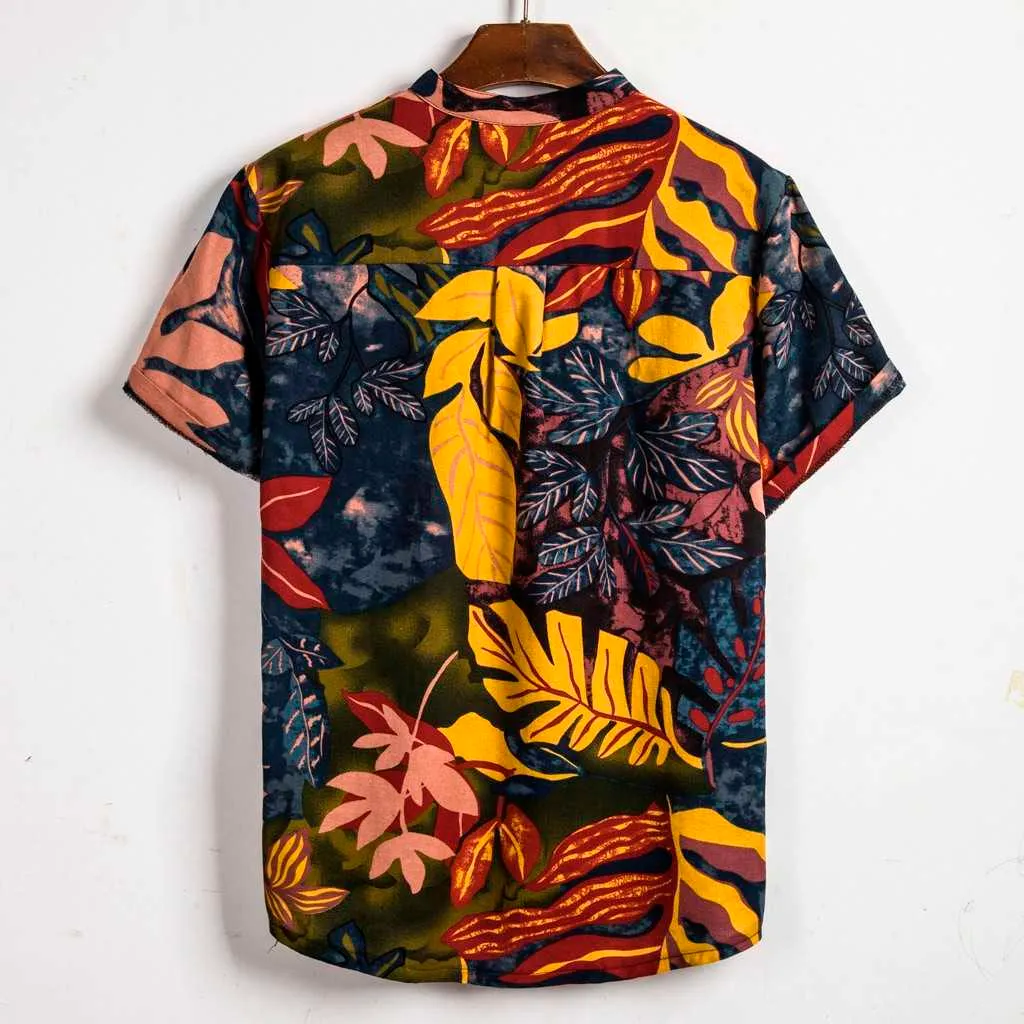 Camicetta hawaiana con stampa di lino e cotone casual a maniche corte etniche da uomo, abbigliamento traspirante e fresco, abiti estivi 210721