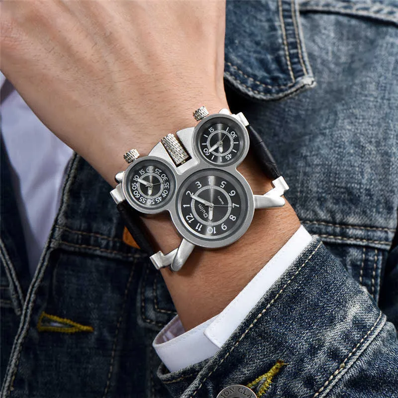 Oulm homens Quartz relógios 3 Tempo Zone Clock Outdoor Viagem Casual WristWatch Marca de Luxo Masculino Genuine Leather Watch G1022