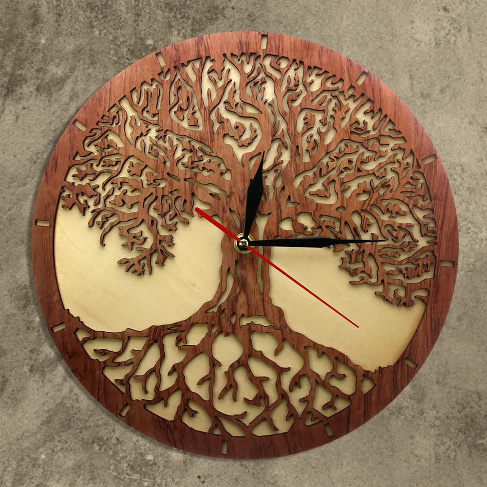 Yggdrasil Albero della vita Orologio da parete in legno Geometria sacra Albero magico Decorazioni la casa Orologio da parete silenzioso Sweep Orologio da parete inaugurazione della casa 210310