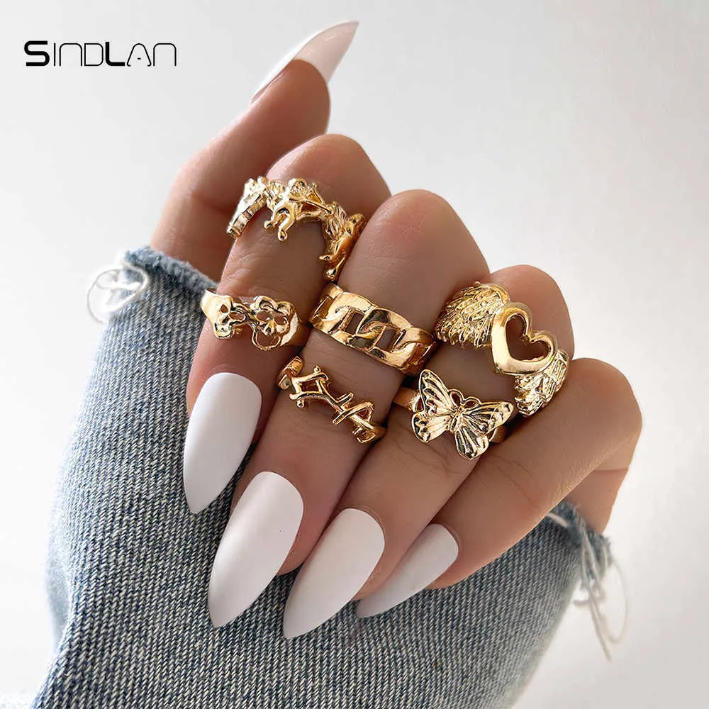 Sindlan Gothic Silver Color Grimace Finger Ring Set for Women Charm Punk Heart Wing Butterfly Female Emo Jewelry Anillos Q0706670528