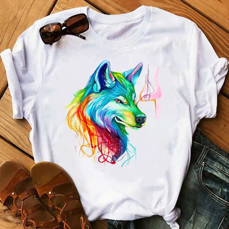 Märke Wolf T Shirt Kvinnor Rolig Vit T-shirt Tjej Casual Animal Tshirt Kvinnlig Sommar Kortärmad O Neck Loose Tee Toppar X0527