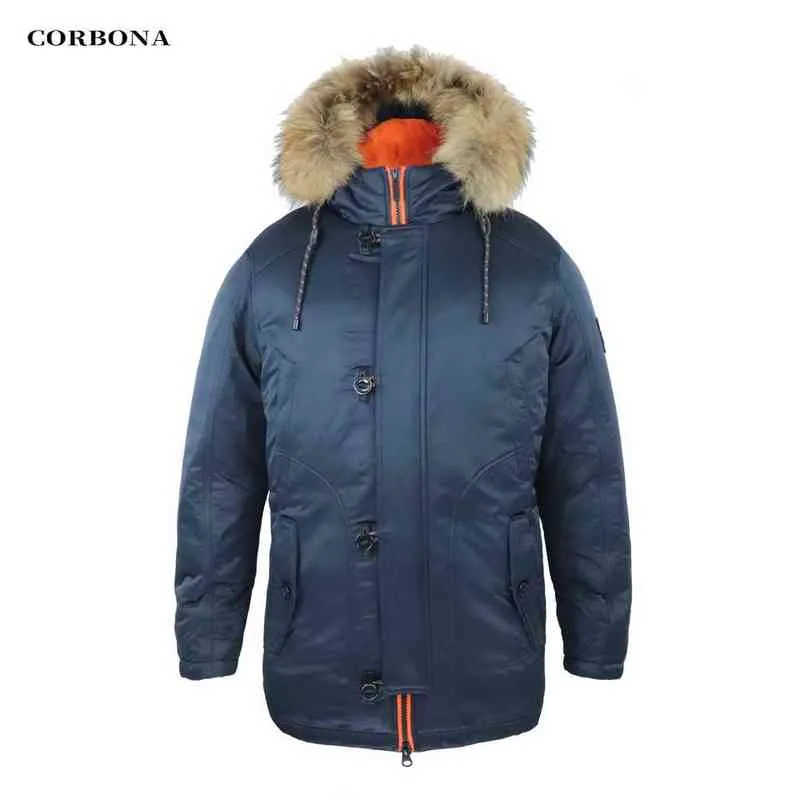 Corbona N3B Typ Vinter Parka Mäns Coat Long Oversize Real Fur Hood Militär Armé Male Jackor Padded Fleece Brand Cloths 211206