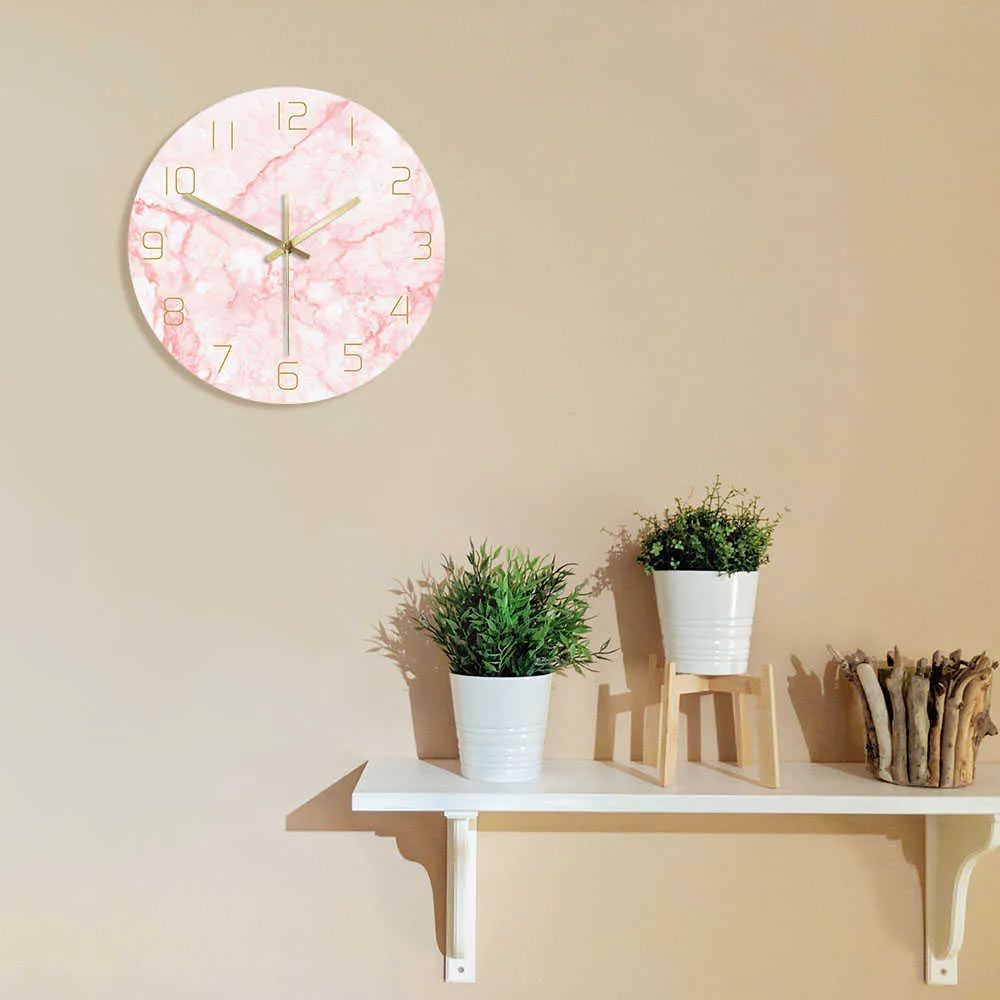 Horloge murale ronde en marbre rose naturel, silencieuse, sans tic-tac, décoration de salon, Art nordique, horloge murale minimaliste, montre murale silencieuse 2270o