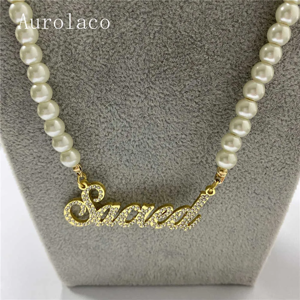 AurolaCo, nombre personalizado, colgante de oro perla personalizado, collar con placa de identificación para mujer, regalo de joyería