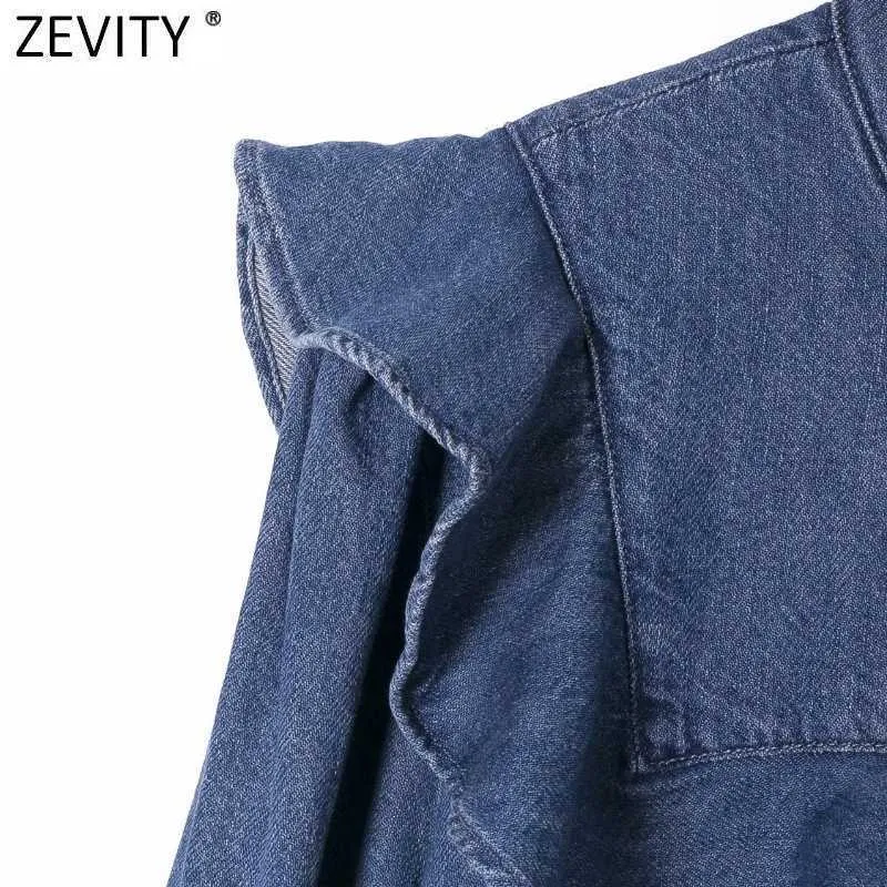 Zevity Femmes Vintage O Cou Volants Denim Blouse Bureau Dames À Manches Longues Chemise D'affaires Chic Femme Blusas Tops LS7384 210603