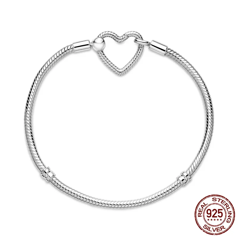 Snake Chain Heart Buckle Bracelet 925 Sterling Silver Fit For Brand Charms Bracelet DIY Fine Jewelry Making Women Gift