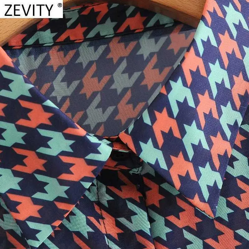 Zevity Women Vintage Hundstooth Print Chiffon Smock Blouse Ladies Turn Down Collar Shirt Chic Femme Blusas Tops LS7495 210603