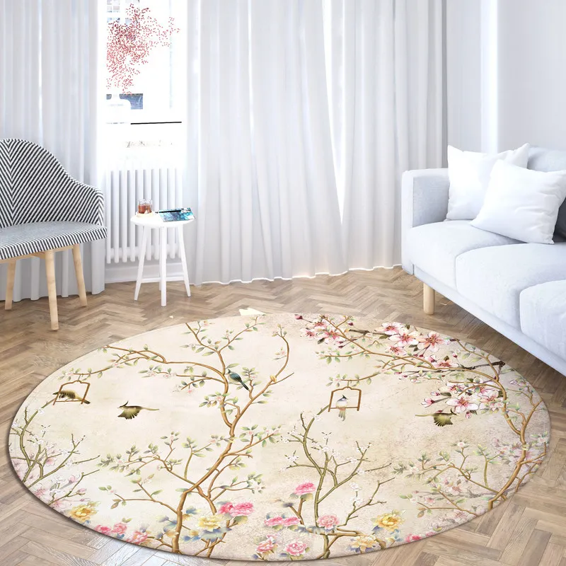 Round Pink Flowers Area Rugs Large Anti Slip Soft Home Living Room Bedroom Bathroom Floor Mats Print Decorate Carpet 220301
