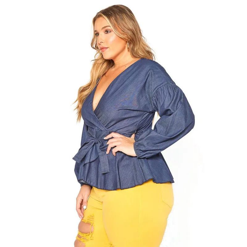 INS Recommend Korean Style Blue Shirts Blouses Women V Neck Puff Long Sleeve Ruffles Elegant Work Wear Wholesale Plus Size 210525