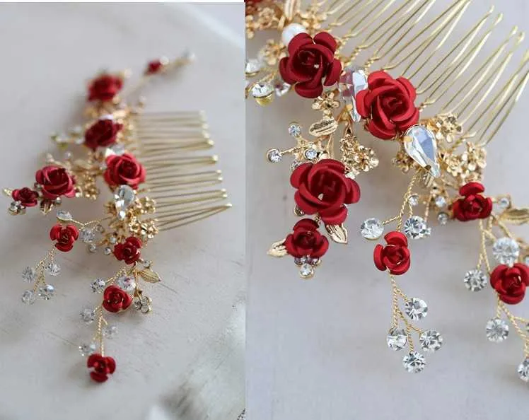 Jonnafe Red Rose Floral Headpiece For Women Prom Bridal Hair Comb Accessories Handmade Wedding Jewelry 211019346t