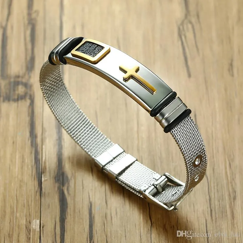 Adjustable Length Mens Cross Bracelets for Women Stainless Steel Men Bangle Watch Band Cuff Bracelet Designer Christ Prayer Male Jewelry