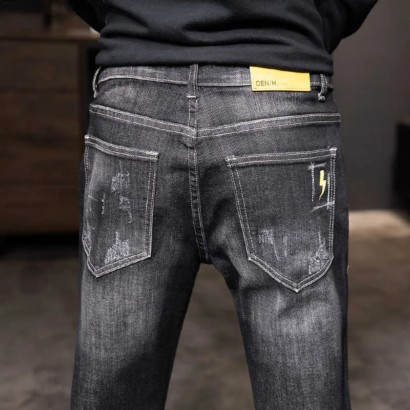 Rowerzysta dżinsy mężczyźni ciemny niebieski stretch szczupły dopasowanie strapione streetwear drukowane wzór drelichowe spodnie dorywczo mężczyzna spodnie hip hop dżinsy x0621
