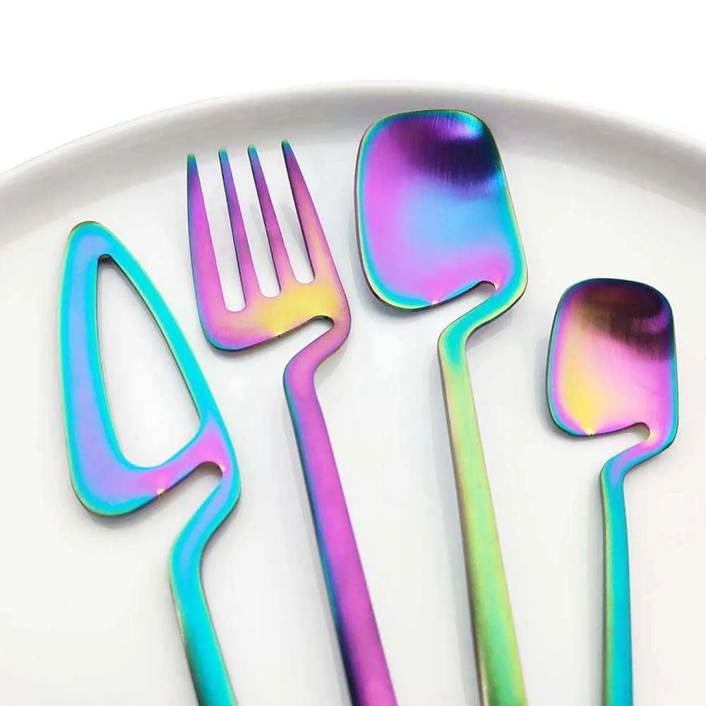 Rainbow Dinnerware Set Spoon Fork Knife Table Decor Cutlery Sets Kitchen Matte Gold tableware Set Desserts Soup Coffee Use 211012