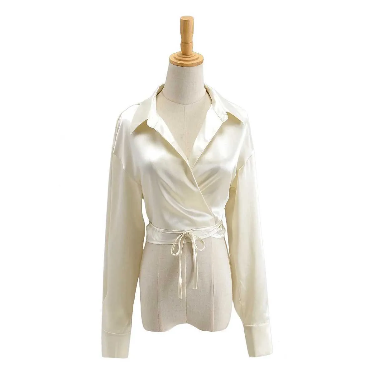 Moda Spring Simulation Silk Satin Krótki talia krawat Rope Cutle Down Collar Full Solid Women Shirts 210615