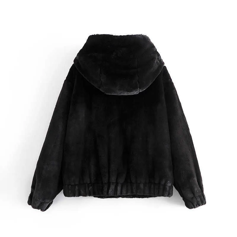 因果的な女性ブラックフェイクファーコートファッションレディースジッパージャケットストリートウェア女性太いフード付きアウターコートシックガールコート210816