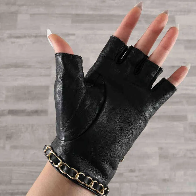 's Genuine Leather Half Gloves with Metal Chain Skull Punk Motorcycle Biker Fingerless Glove Cool Touch Screen 211214212g