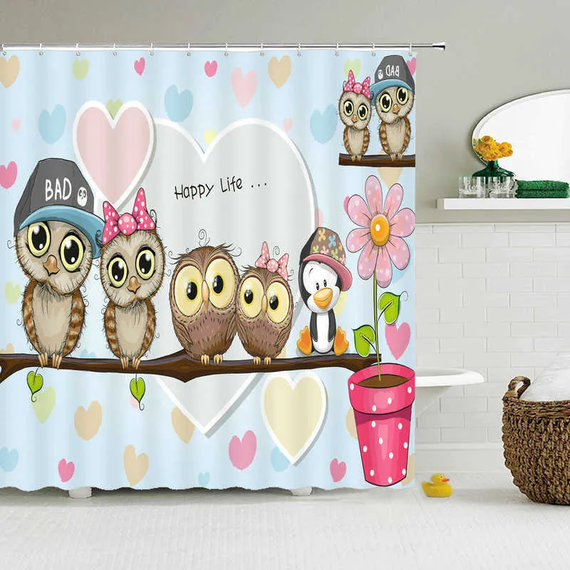 Lovely Owl Cartoon Dusch Gardiner Badrum Vattentät Gardin Polyester Söt Barn 3D Utskrift Hem Badskärm Tyg 210915