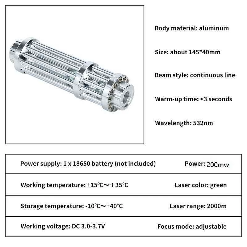 레이저 포인터 녹색 시선 펜 532NM 2000MW 고전력 손전등 초점 사냥을위한 연소 18650 충전 2202092739444