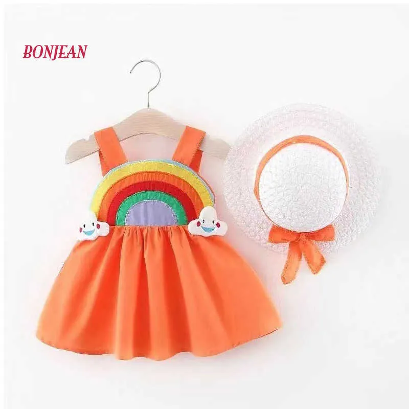 Koreanische schöne Prinzessin Kleinkind Neugeborenes Baby Mädchen Regenbogen Erdbeerkleid + Hut 2 Stück Kleider für Mädchen Sommer Baby Mädchen Bogen Tuch Q0716