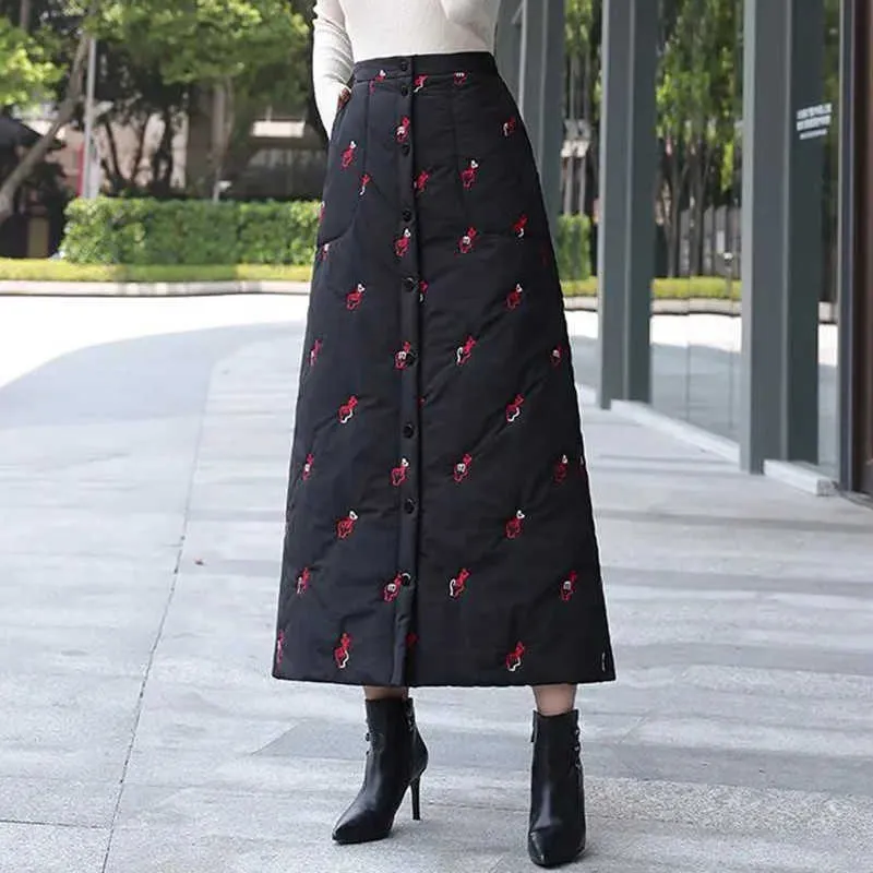 刺繍冬の綿の厚い暖かいスカート女性のハイウエストプラスサイズボタン長いスカート韓国ファッションレディースファルダス210619