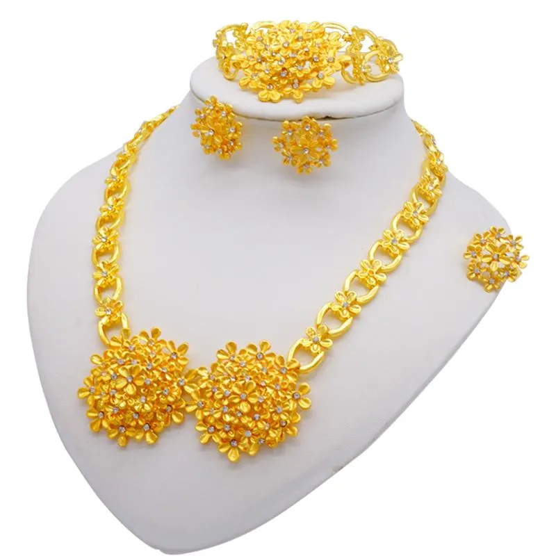 Collier de boucles d'oreilles africain 24k en or couleurs de bijoux pour femmes Dubai Bridal Wedding Gifts Choker Bracelet Ring Jewellery Set211v