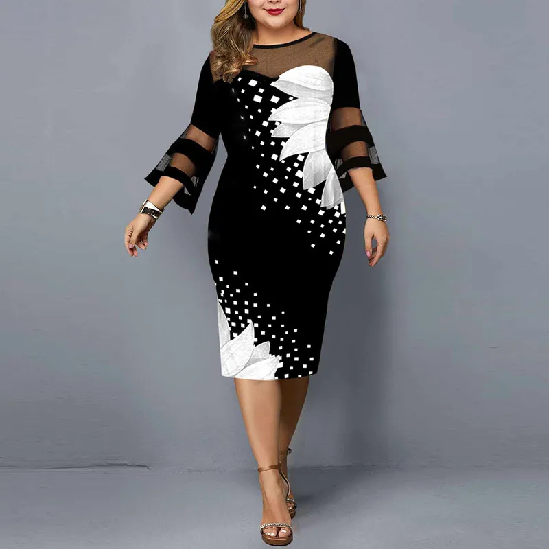 Plus Size Dress Women Evening Party Midi Elegant Mesh Lace Print Floral Casual Black Vintage Knitted Clothing 4xl 5xl 6xl 220210