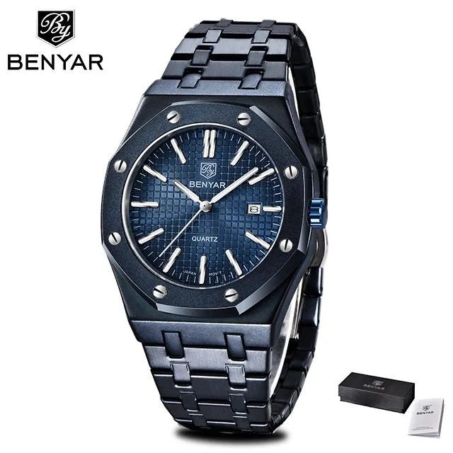 腕時計2021 Benyar Quartz Mens Watches Gold Wristwatch Men Stainless Steel Waterfroof Watch Simple Clocio LeLogio Masculin202W
