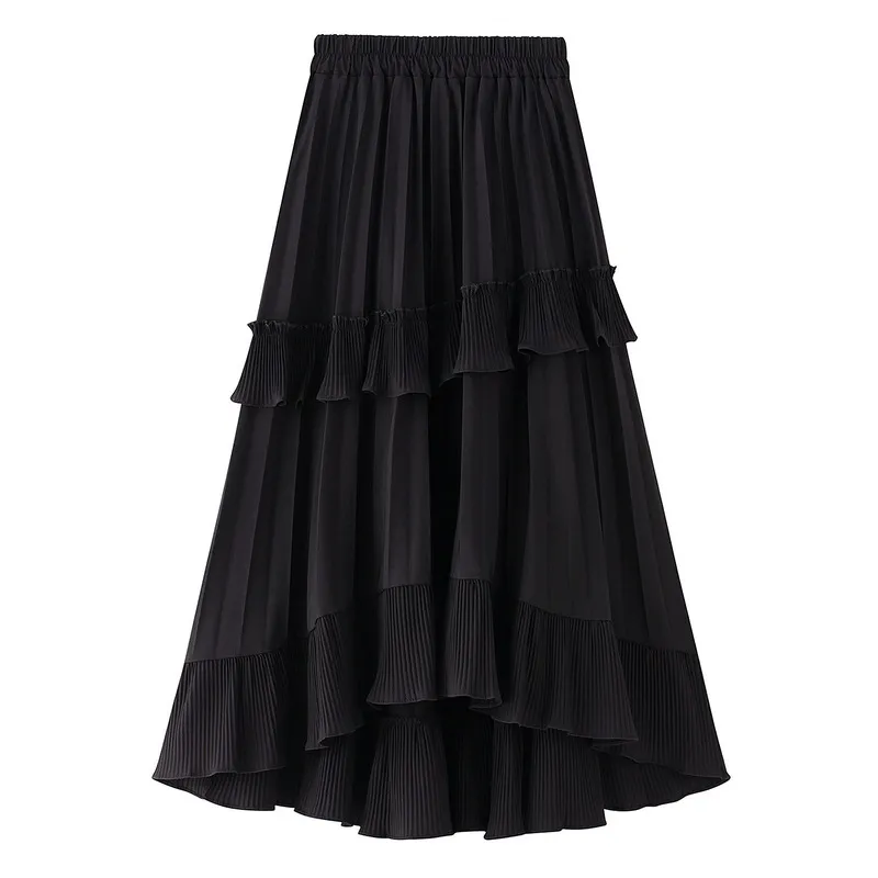 Black Beige Fashion Korean Ruffle Midi Long Aline Skirt Women Casual Spring Summer High Waist Irregular Allmatch Skirts Female 210306