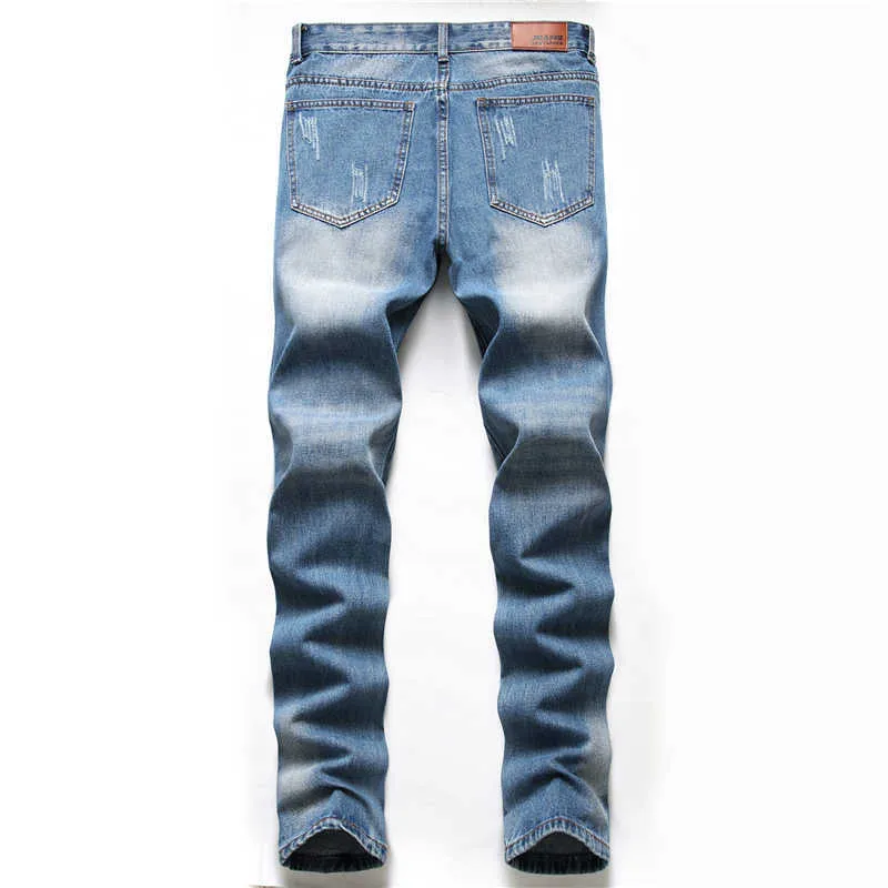 Denim pantalon droit lavé avec plissé déchiré trous bouton skinny motard jean bleu 2020 coupe ajustée jean hommes pantalon X0621