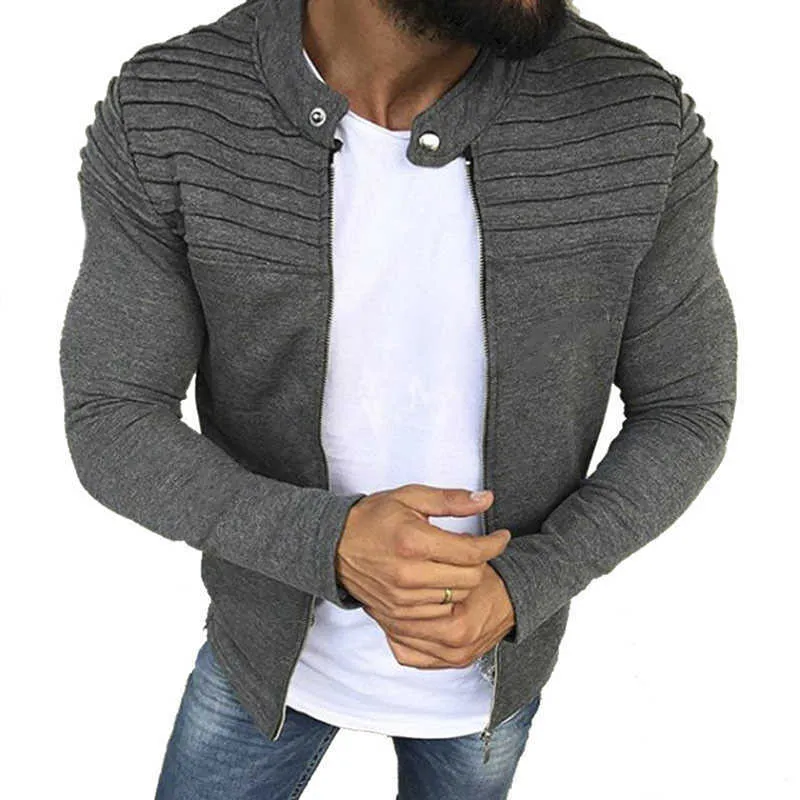 Deportes Casual Hombres Chaqueta Hombres Otoño Pliegues Slim Stripe Fit Cremallera Manga larga Abrigo Cardigan 210909