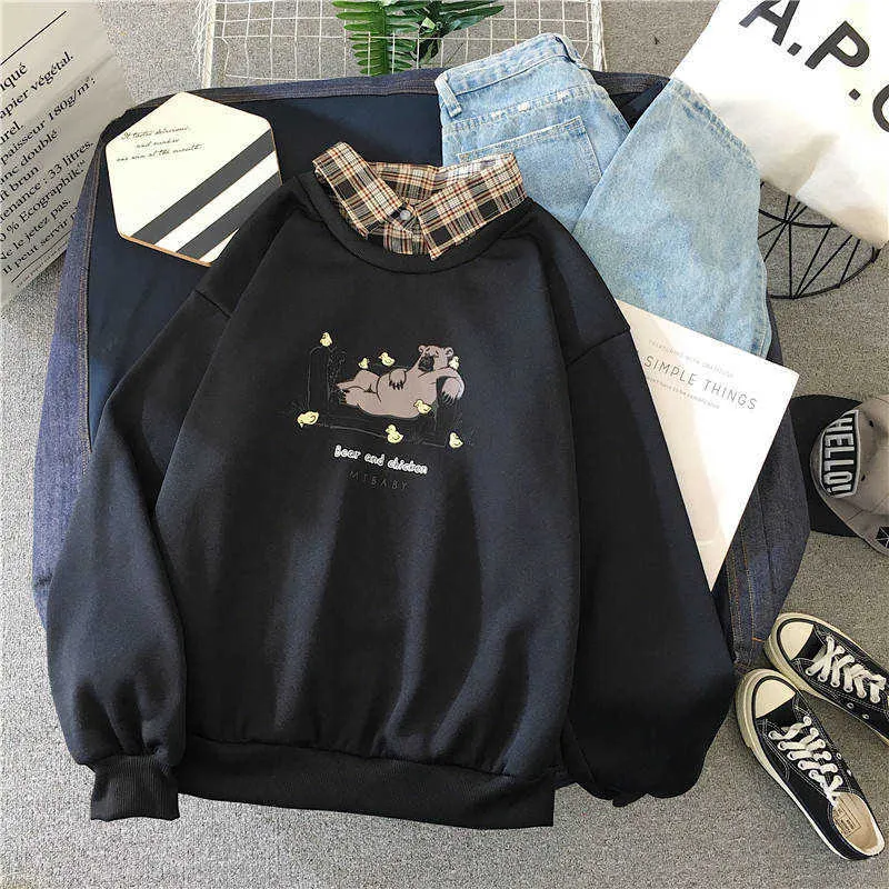 Gullig Bear Oversized Kawaii Women Sweatshirt Fashion Pullovers Ladies Plus Storlek Toppar Hoodie Casual Ladies Koreansk stil Streetwear 210928