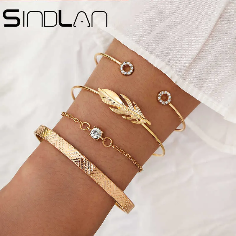 Sindlan Enkel metallfjäder Öppna Bangle Armband Set för Kvinnor Charm Vintage Smooth Rhinestone Fashion Girl Wrist Smycken Q0719