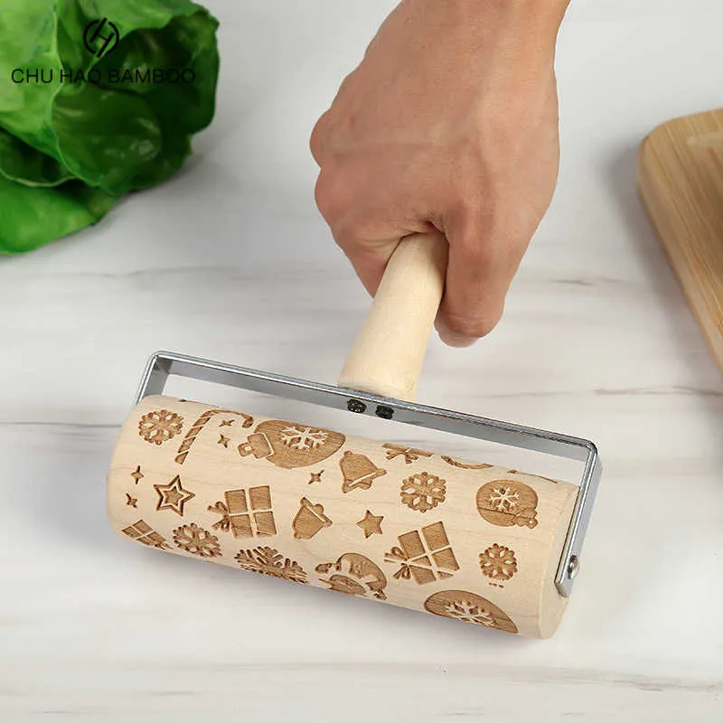 Noël Gaufrage Bois Rouleau À Pâtisserie Gaufrage Gâteau Pâte Rouleau DIY Cuisine Outil De Cuisson pour Ménage Accessoires De Cuisson 211008