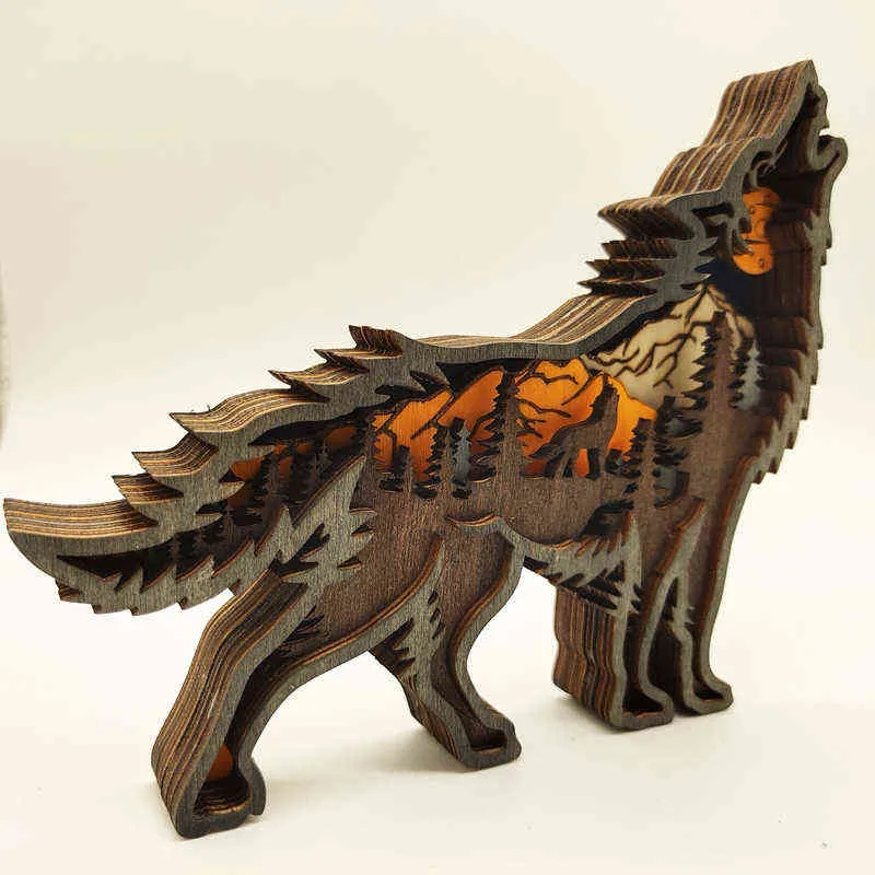 Hohltier, Heimbüro, Holzhandwerk, kreativer nordamerikanischer Wald, Wolf, Totem, Elch, Braunbär, Ornamente 211105