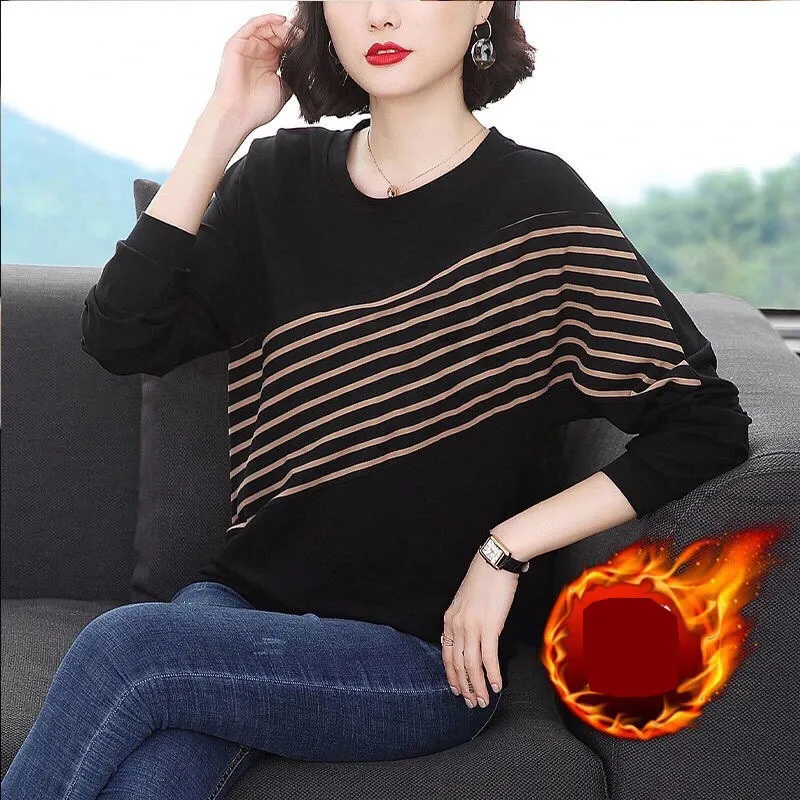 O Neck T Shirt Woman Autumn Long Sleeve Plus Size T-shirt Loose Korean Style Oversized Striped Women s 220226