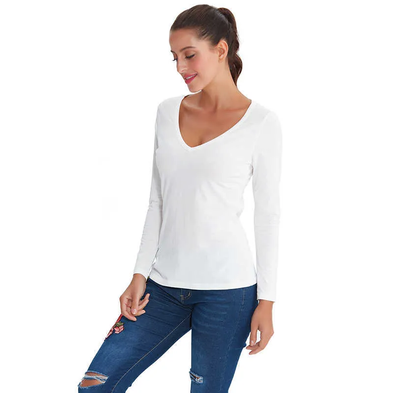 Herfst Vrouwen V-hals Katoenen T-shirt Effen Effen Lange Mouwen Wit Casual Vrouwelijke Slanke Basic Tees Plus Size M30166 X0628