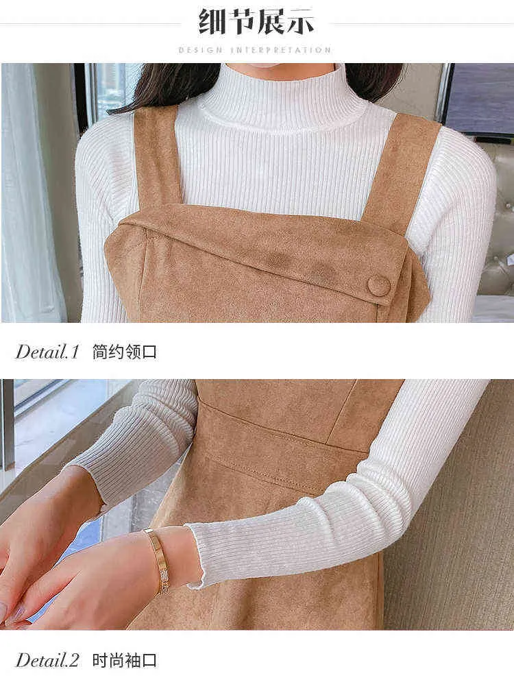 Höst ankomst Fashion Women Two Piece Set Casual Turtleneck Solid Stickade Toppar + Knapp Suede Strap Dress Suits 211106