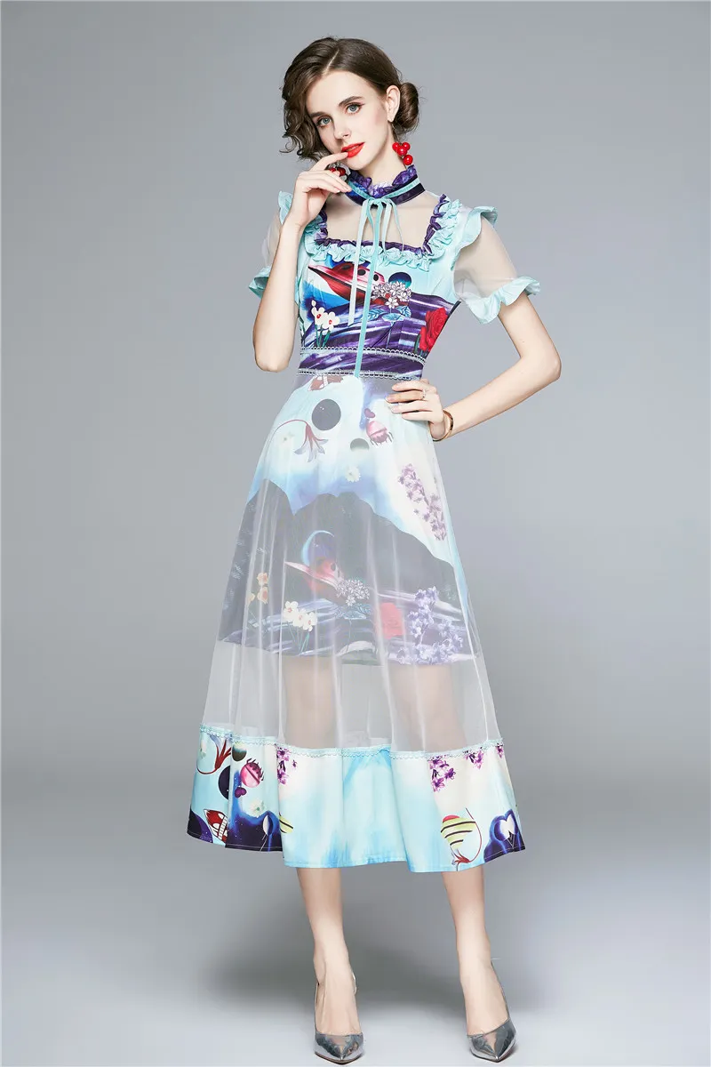 Designer de mode femmes robe femme été élégant sexy bleu imprimé maille robe bureau dame robe de soirée robes féminines robes 210525
