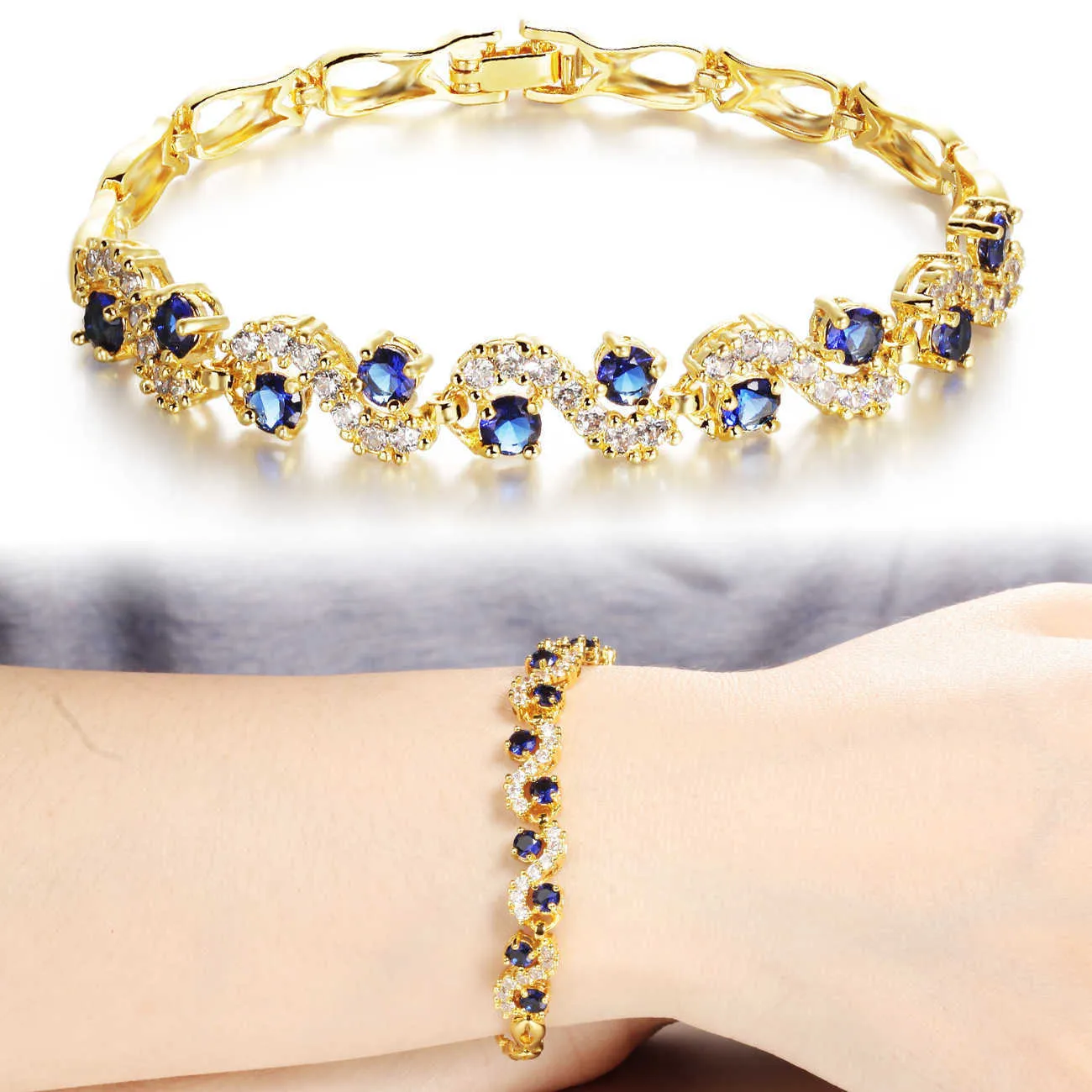 TB-147 3A Luo Code Zirkon kupfergoldplattiert Frauen Armband Blau und Weiß Diamanten Mode leichte Luxusschmuck Q0720