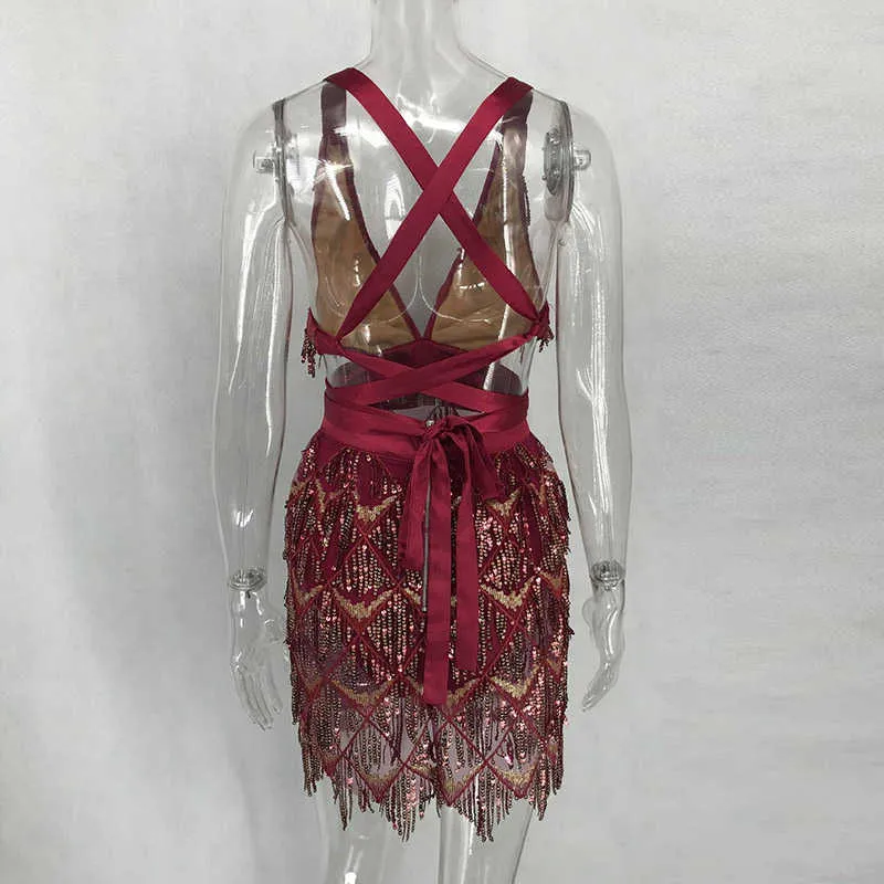 Bonnie Forest Sparkleバックレスタッセルスパンコールボディコンドレス女性スパンコールフリンジ包帯チャールスマパーティードレス誕生日衣装210719