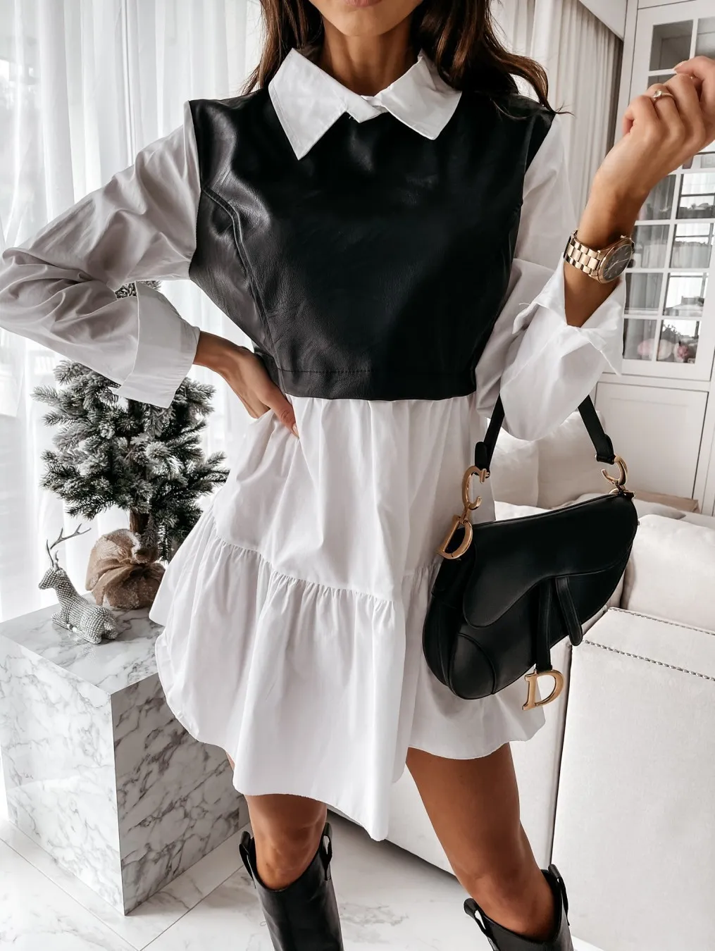 シックな偽の2つの部分ステッチドレス女性エレガントなシャツ襟のフリルズドレスレディース春夏の白い黒の服のドレス210521