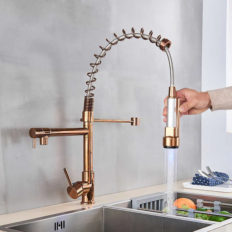 Rozina LED Light Kitchen Kamienny Rose Gold Led Pull Down Spring Kitchen baterie Dual Swivel Spout Crane Cold Water Miteber Taps 210724