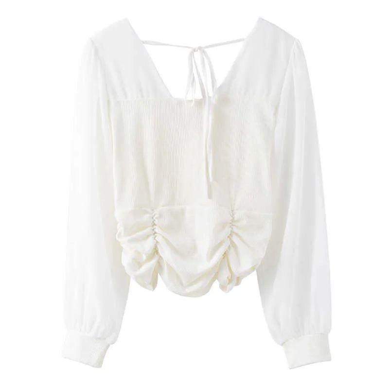 Yitimuceng Lace Up Bluzka Kobiety Folds Koszule Z Długim Rękawem Kwadratowy Kołnierz Solidna Czarne Białe Ubrania Wiosna Lato Moda 210601