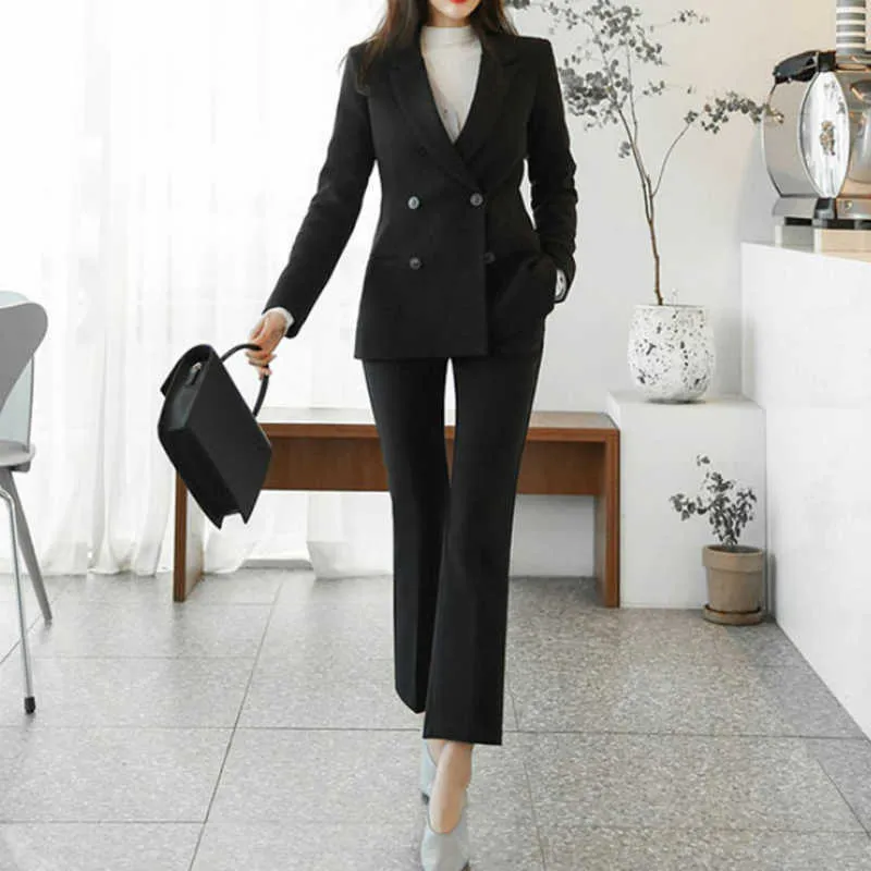 Aelegantmis Office Lady Due pezzi Set Donna Vintage Blazer di alta qualità Pantalone Bussiness Pantaloni casual con intaglio OL 210607
