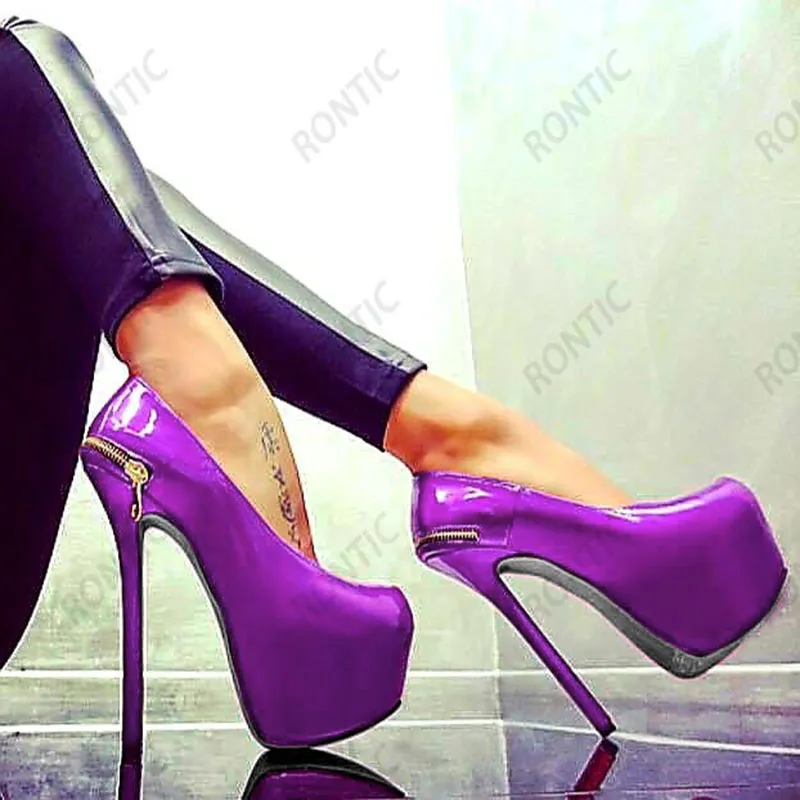 Zapatos de plataforma Rontic hechos a mano para mujer, zapatos de tacón de aguja con cremallera de charol, punta redonda, hermosos zapatos de fiesta rojos para mujer, tallas de EE. UU. 5-20