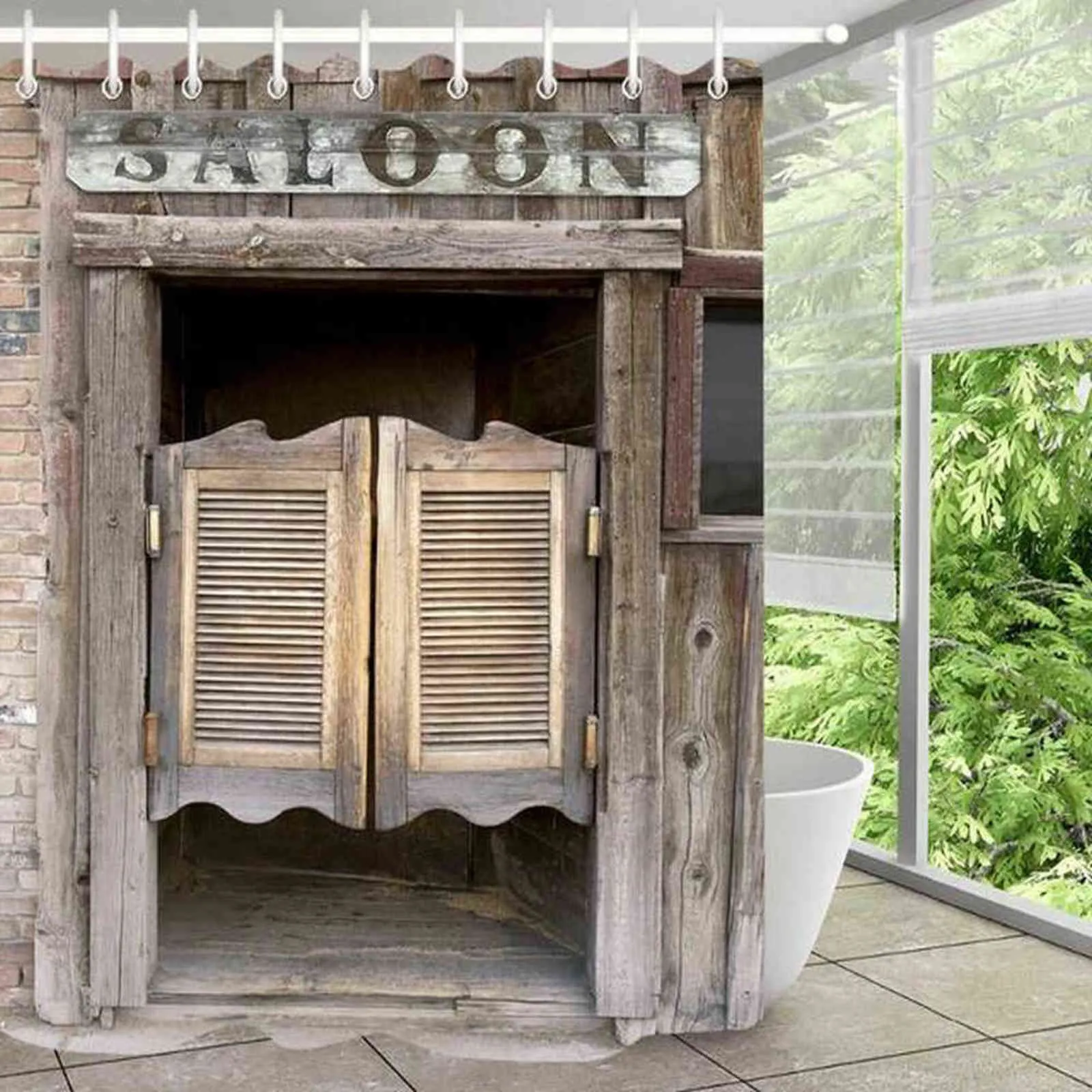 レトロな古い木製のドアのシャワーカーテンヴィンテージの納屋スウィングサローンドア防水布の家の装飾スクリーンバスルームのカーテンセット211116