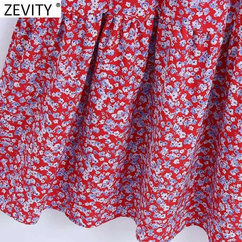 Zevity Women Sweet Red Floral Print Ruffles Sling Midi Dress Female Side Zipper Boho Vestido Chic Casual Summer Dresses DS8317 210603