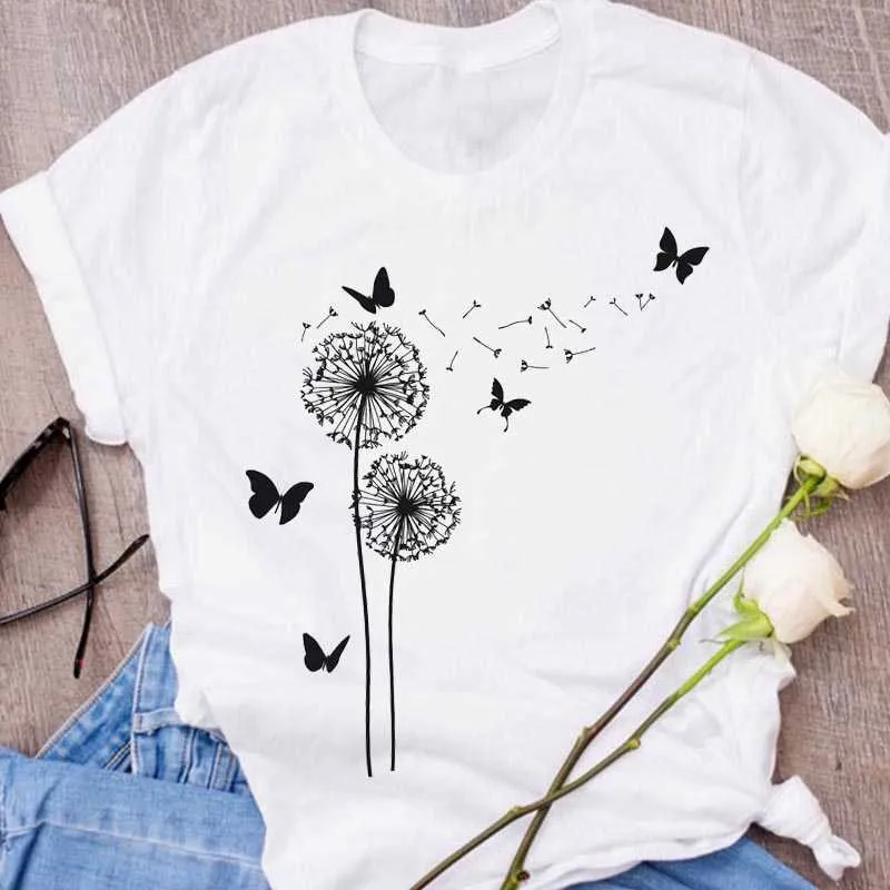 Mulheres Gráfico desenhos animados planta manga curta senhoras imprimir roupas roupas senhora tees tops feminino camiseta mulheres t-shirt x0527