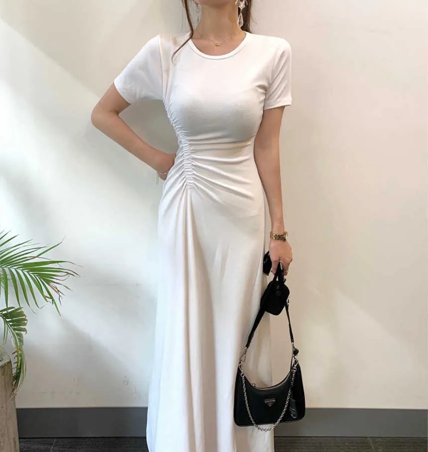 Dorywczo Lato Podstawowe White O Neck Krótki Rękaw Tshirts Sukienka Kobiety Plisowane Waist Slim Black Side Slit Sret-Sleeved All-Dopasuj 210610